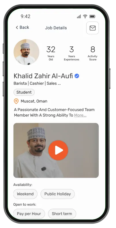 Job Seeker Profile screen with KPIs and intro video