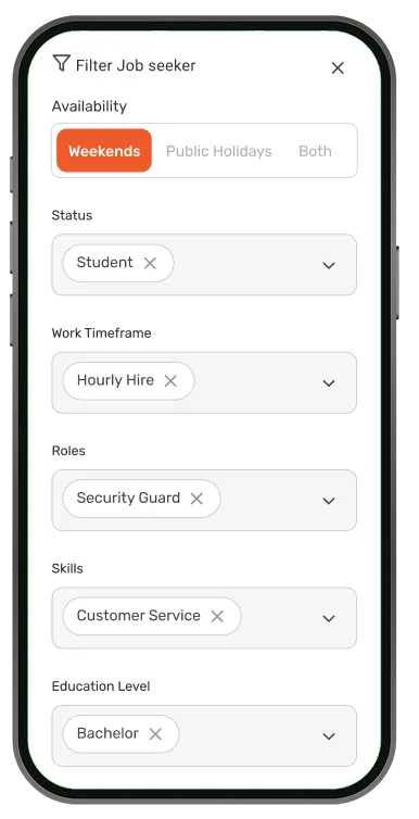 Filter Job Seekers screen – left panel