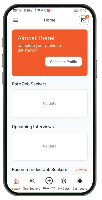 Home screen – Complete Profile card