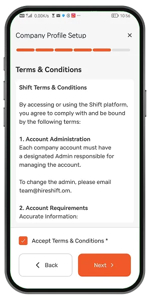 Terms & Conditions screen